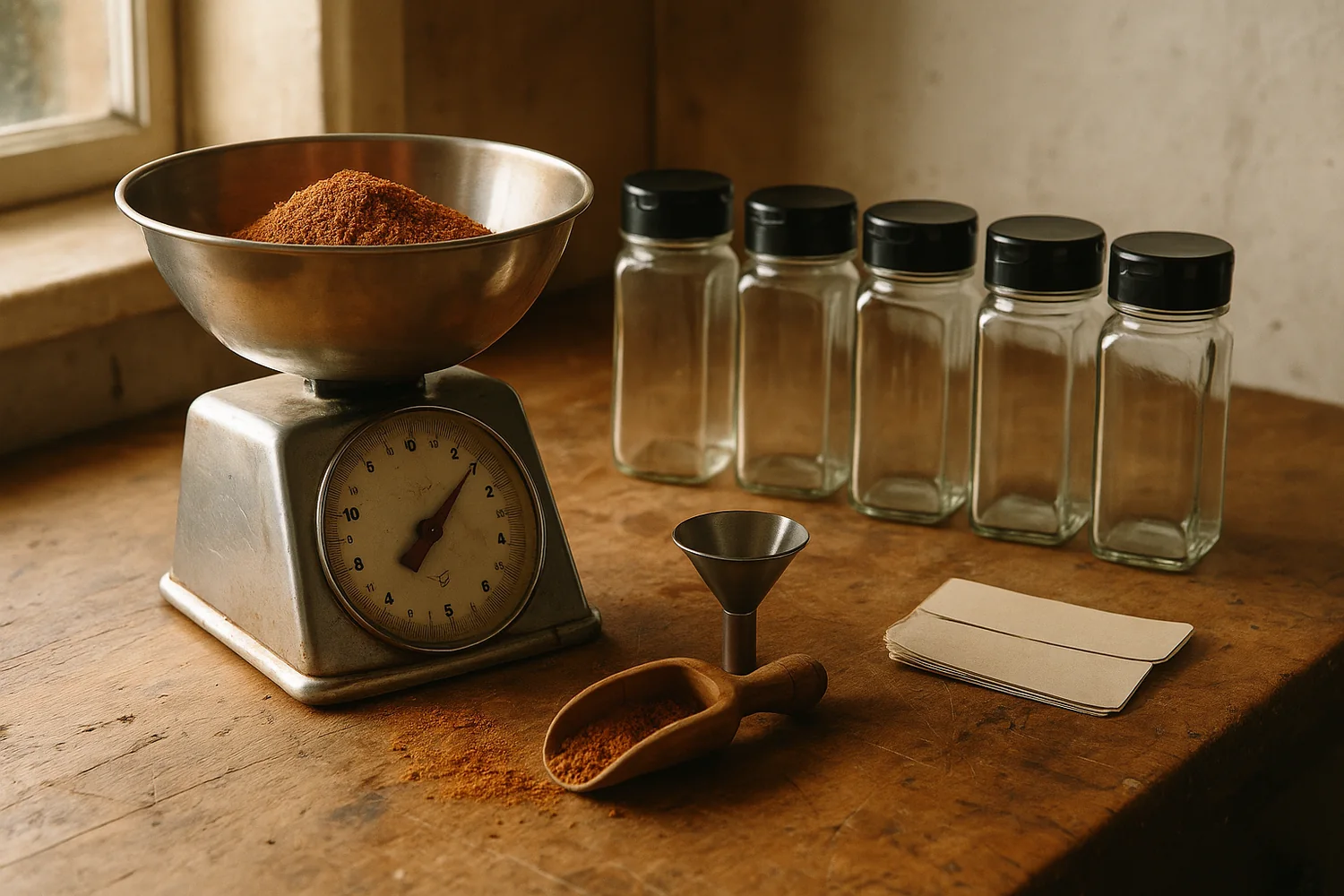 A kitchen scale with a bowl of seasoning, a row of empty glass jars, a funnel, a wooden scoop and a stack of blank labels on a worn wooden counter