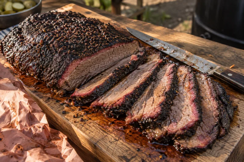 Sliced smoked brisket with a dark peppery bark on a wooden board