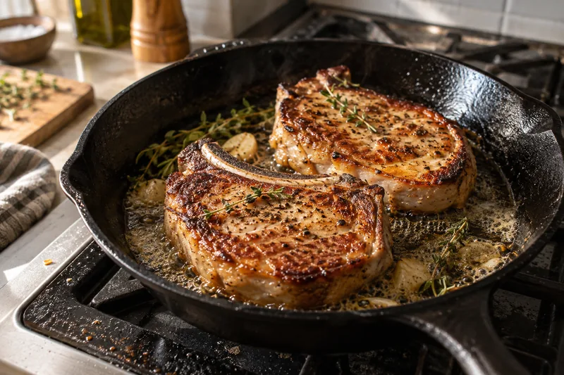 Two thick bone-in pork chops searing in a cast iron skillet