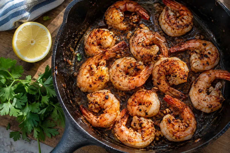 Seasoned shrimp searing in a cast iron skillet with lemon and parsley