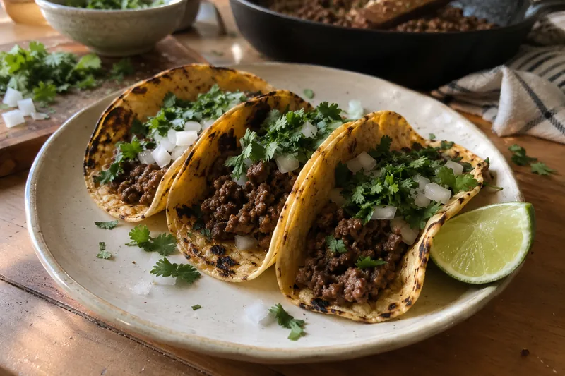 Three beef tacos on a plate with charred tortillas, onion and cilantro