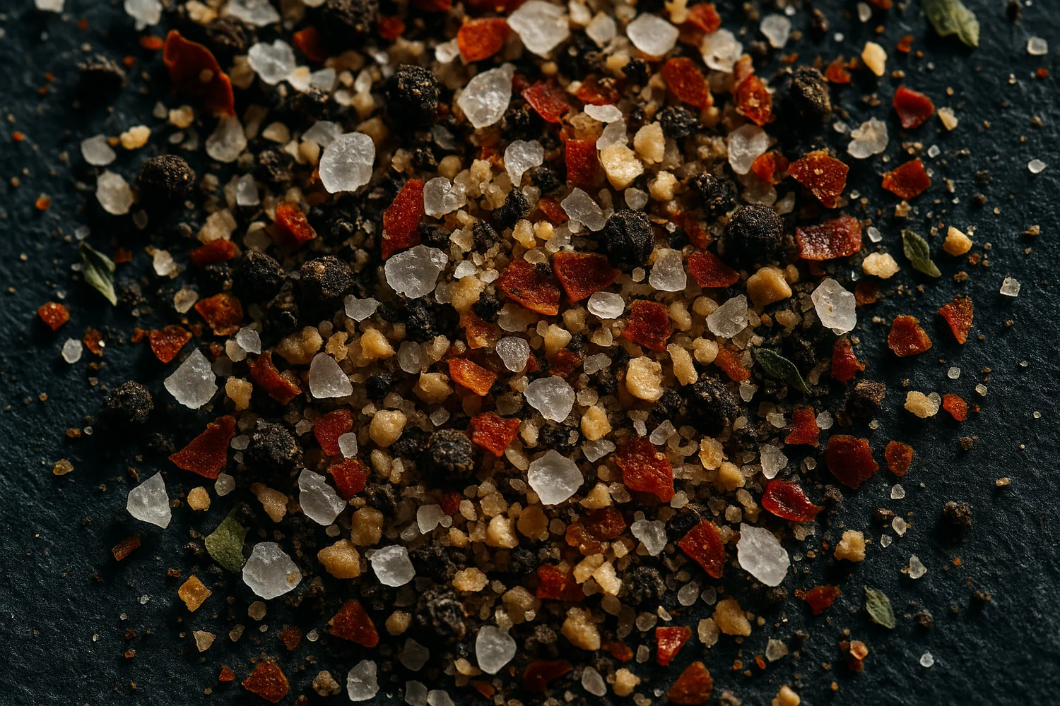 Extreme close-up of the blend: coarse salt flakes, cracked black pepper, red paprika, dried garlic and chilli flakes, every grain distinct