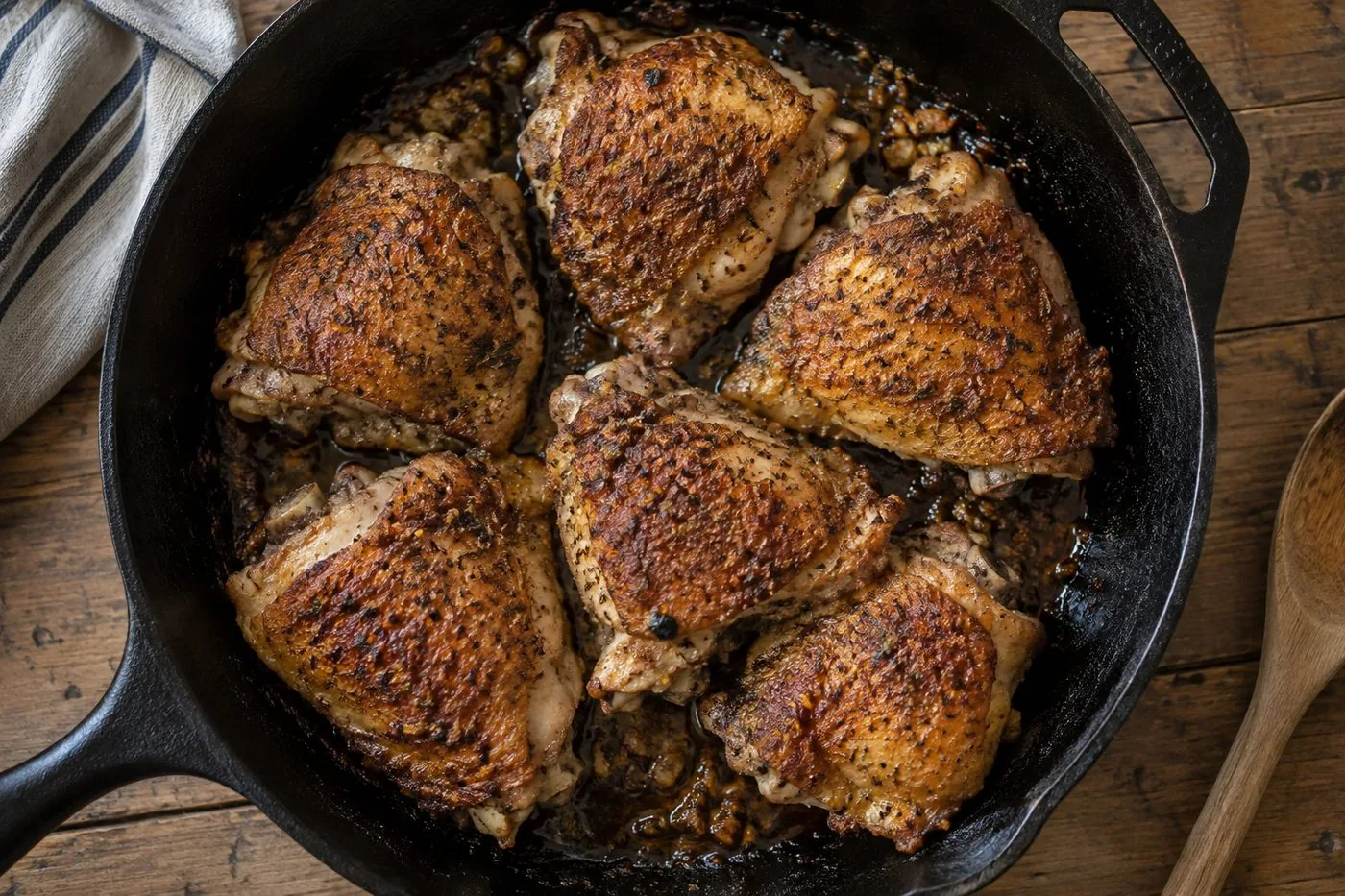 Six bone-in chicken thighs, skin crisp and browned, in a cast iron skillet