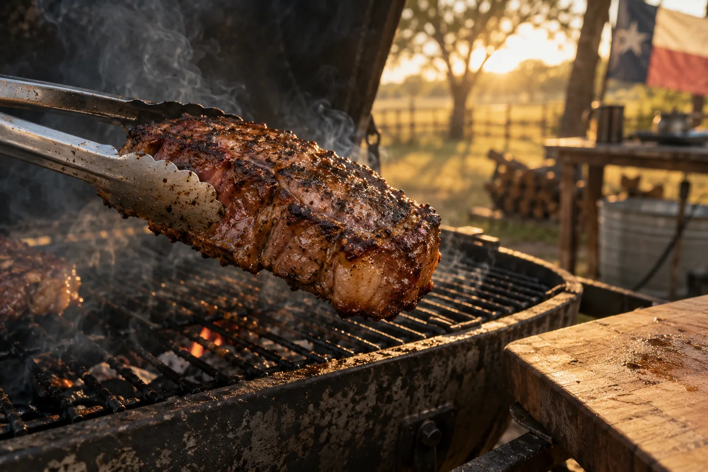 A seasoned beef steak lifted off a charcoal grill with tongs, smoke rising, a Texas flag and live oaks in the late afternoon light behind