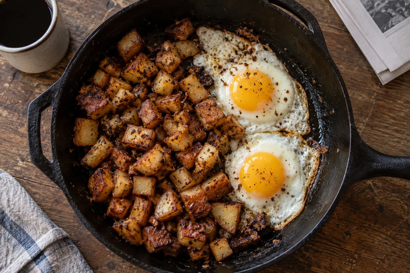 Crispy skillet potatoes and two fried eggs in a cast iron pan