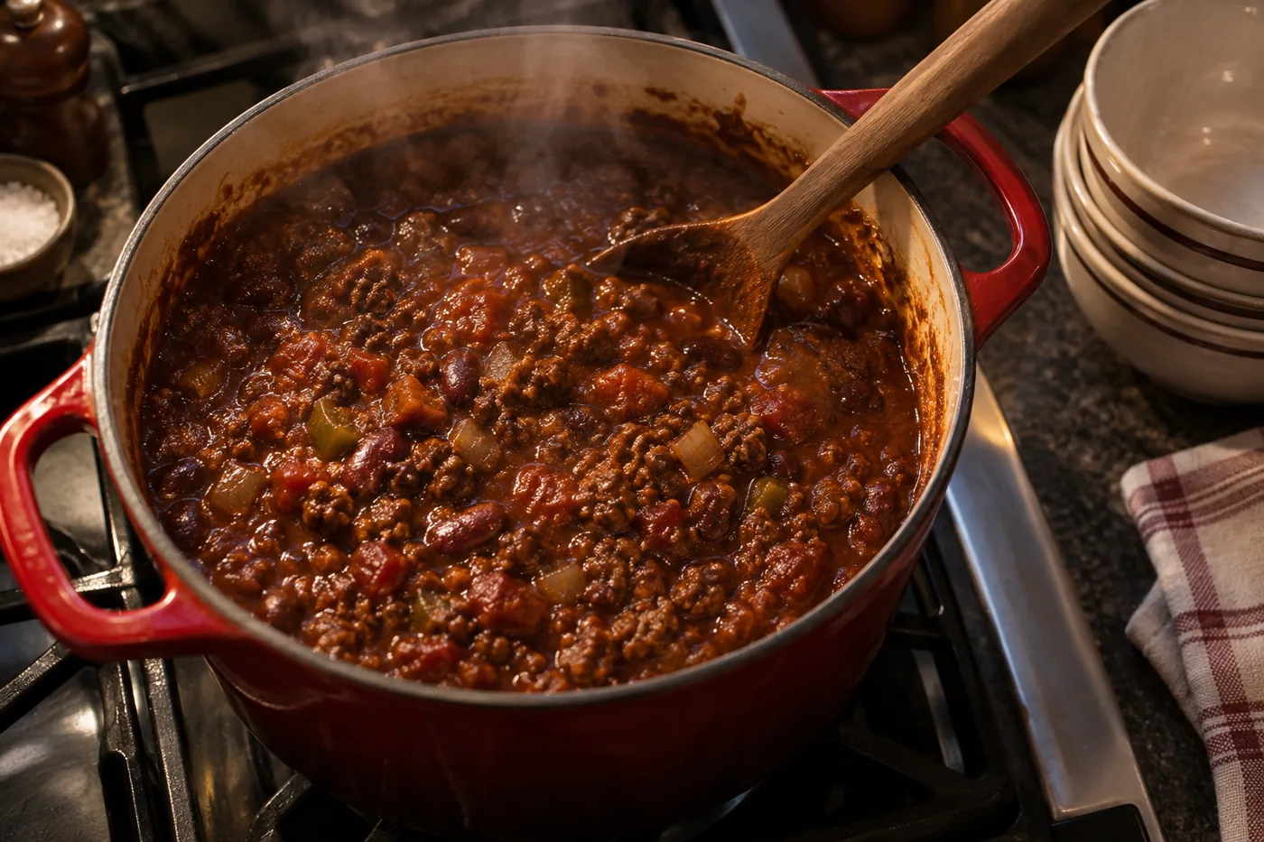 A pot of beef chili simmering on the stove with a wooden spoon