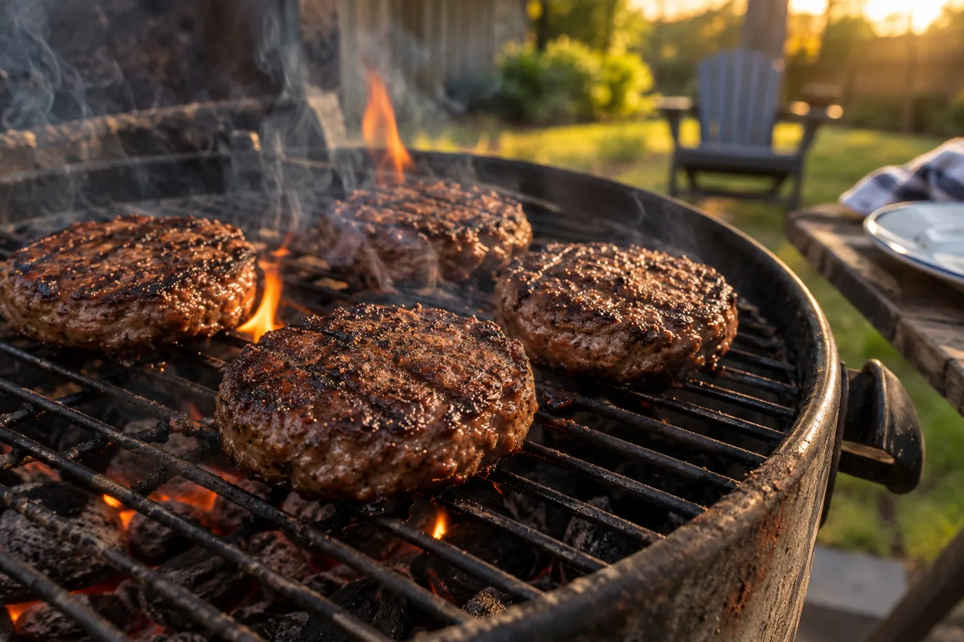 Four seasoned beef burger patties searing on a charcoal grill